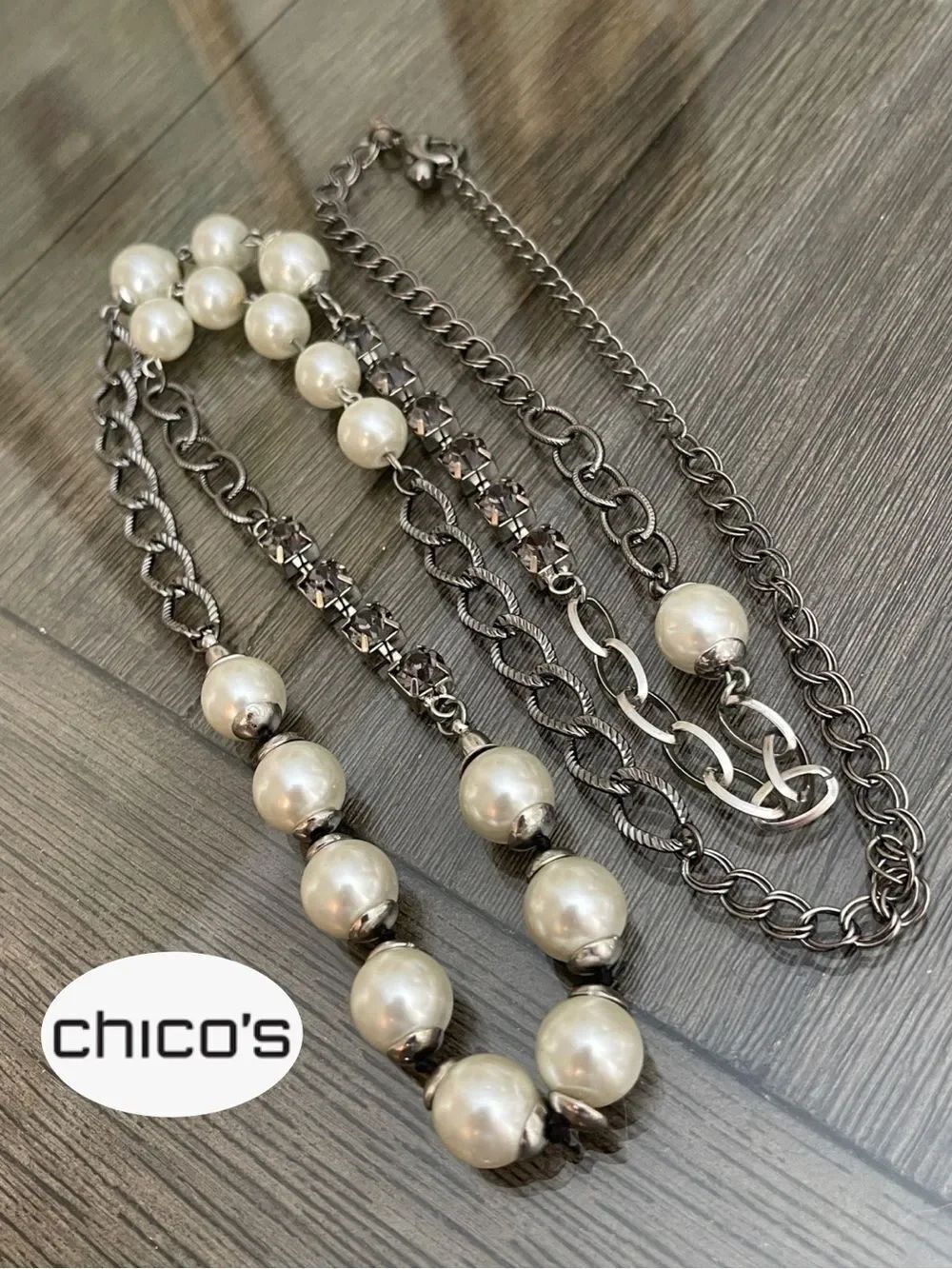 Chico’s Gunmetal Chain Long Statement Necklace with Faux Pearls & Rhinestones